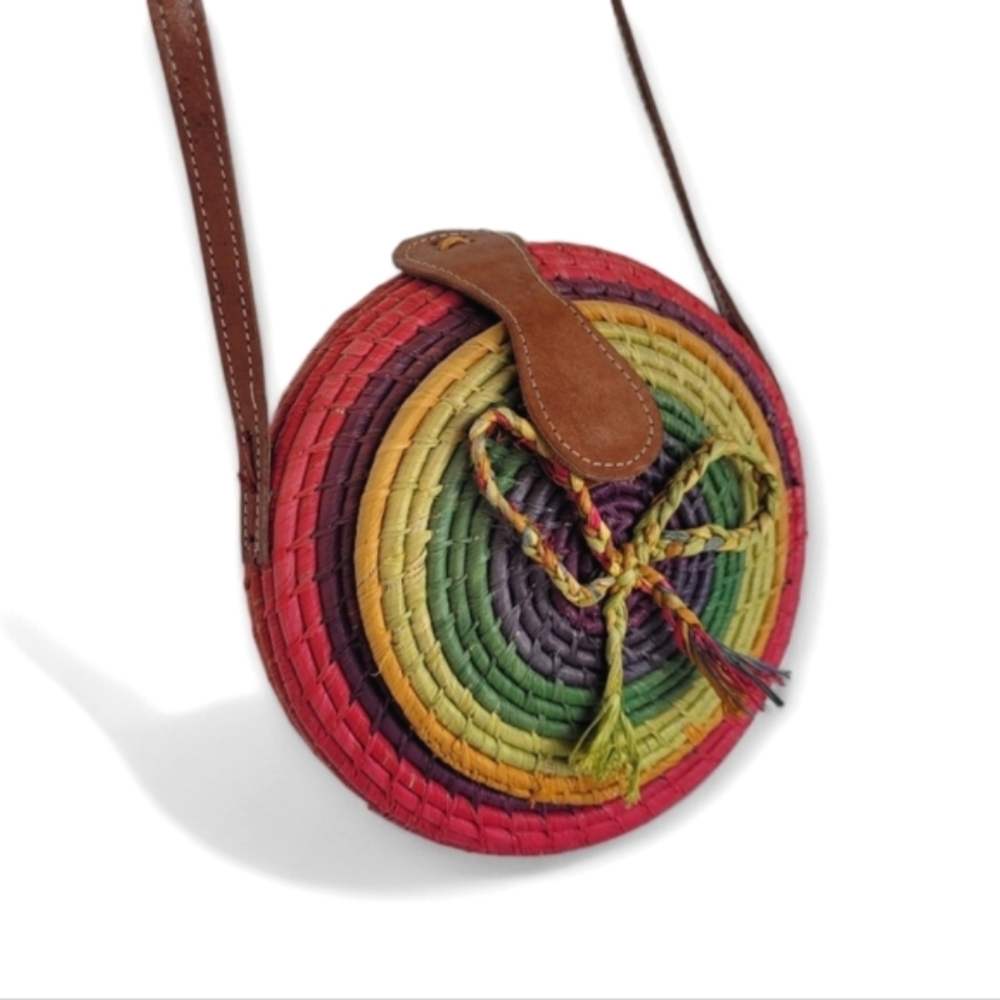 Round Woven Straw Box Bag Boho Rainbow Leather Strap Rattan